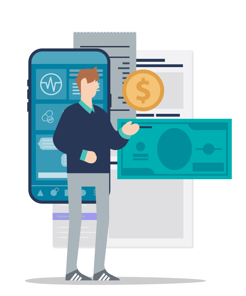 A man stands before a phone, bills, and dollars. Health plans can build a better member experience strategy by centralizing health and benefits information.