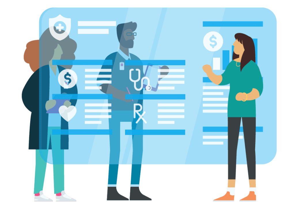 Illustration of a clinician and health plan staff sending interacting with a member through a digital screen, representing a member resource center.